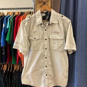 Vintage Harley Davidson Men's Beige Short Sleeve Shirt